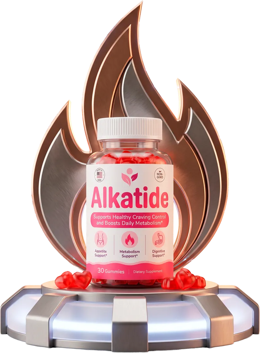 Alkatide apple cider vinegar weight loss gummies bottle on a metabolism flame pedestal with red gummies