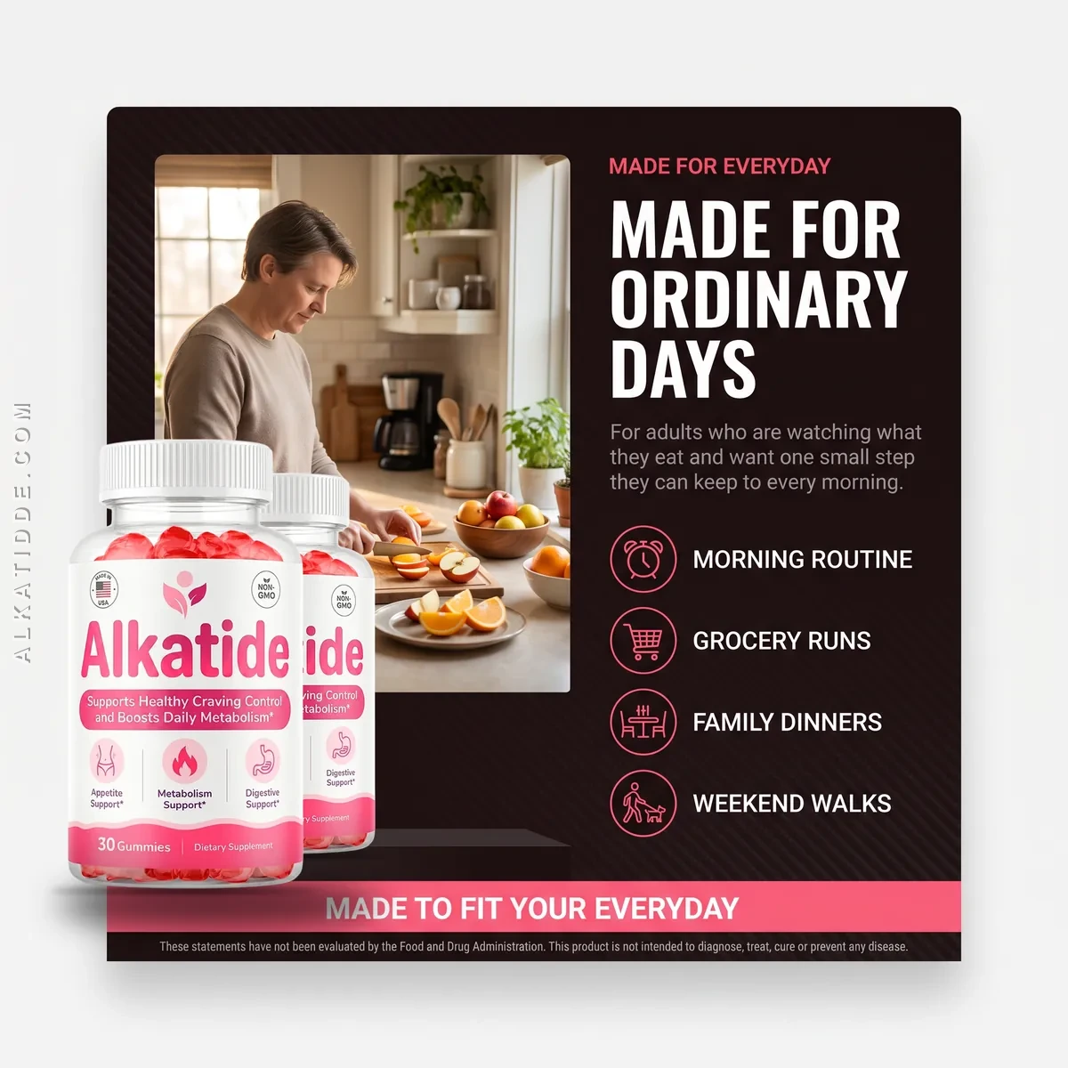 Who Alkatide is for: adults who want one small daily step for morning routines, grocery runs, family dinners and weekend walks