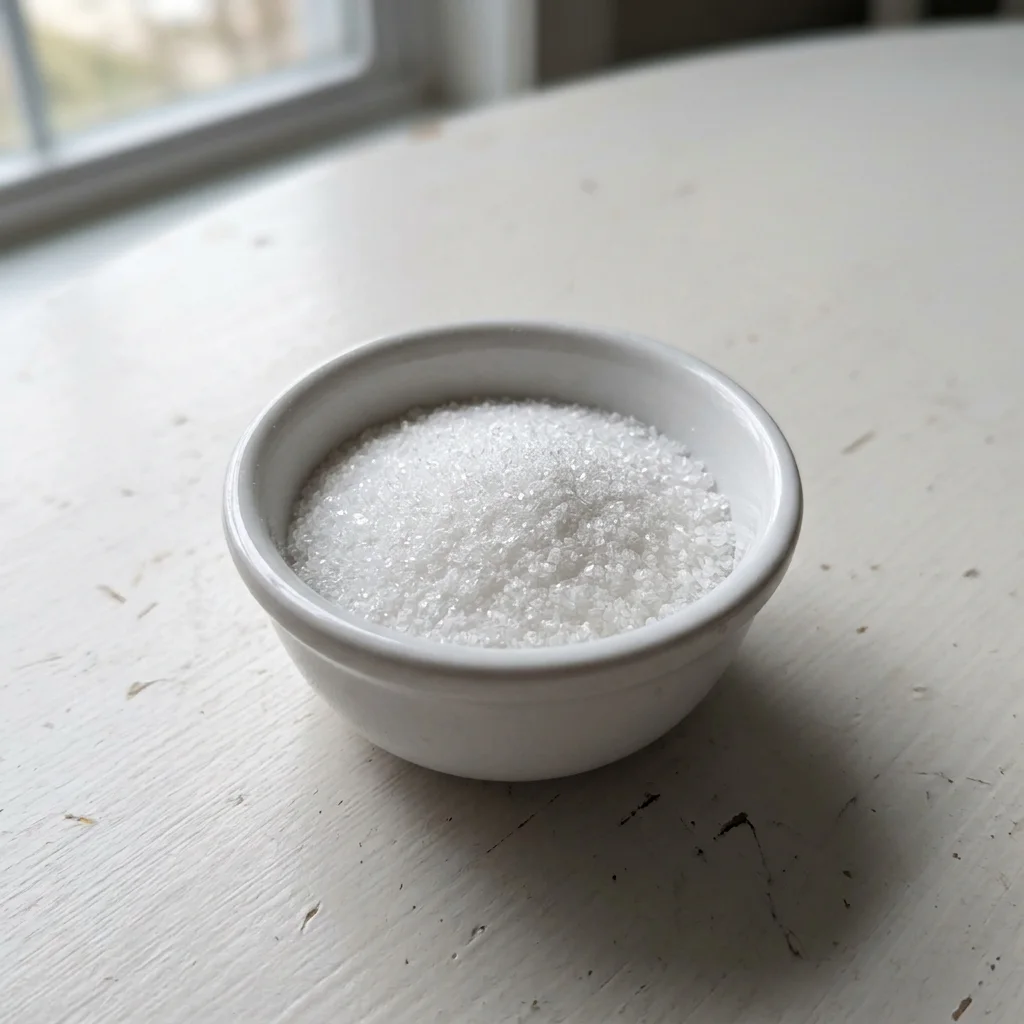 White bowl of citric acid crystals, the third named ingredient in Alkatide